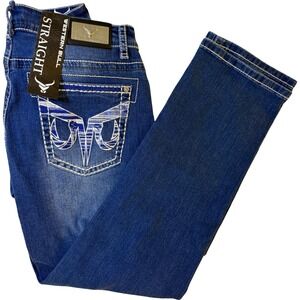 Western Bull Mens Straight Fit Jeans Blue Embroidered Pockets WB-31 34x32 NWT